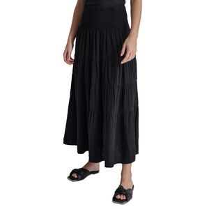 DKNY Women's Cotton Smocked-Waist Tiered Maxi Skirt  in Black Size Large